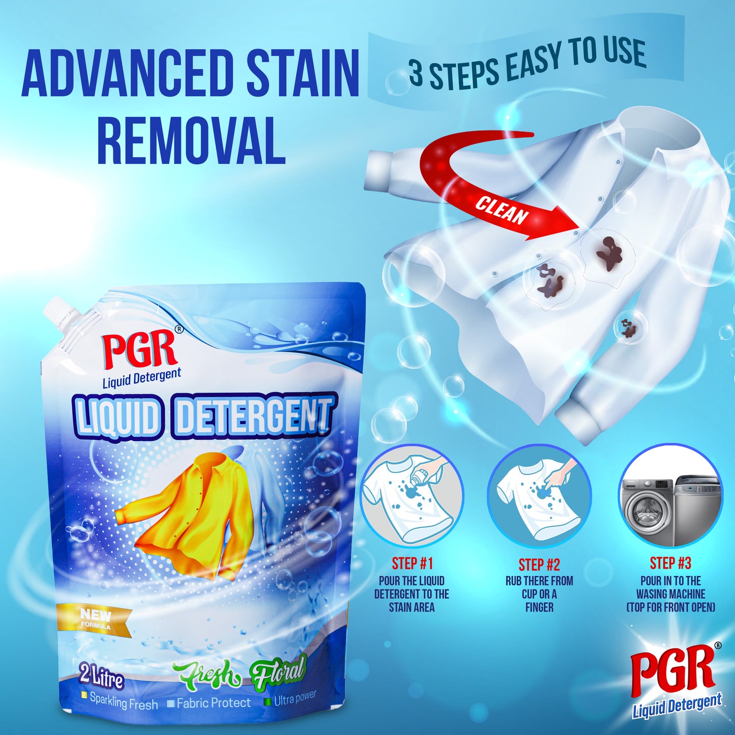 PGR Liquid Detergent 2 L - Washing Machine Compatible (Top load/Front load) and manual washing - Fresh Floral Fragnance