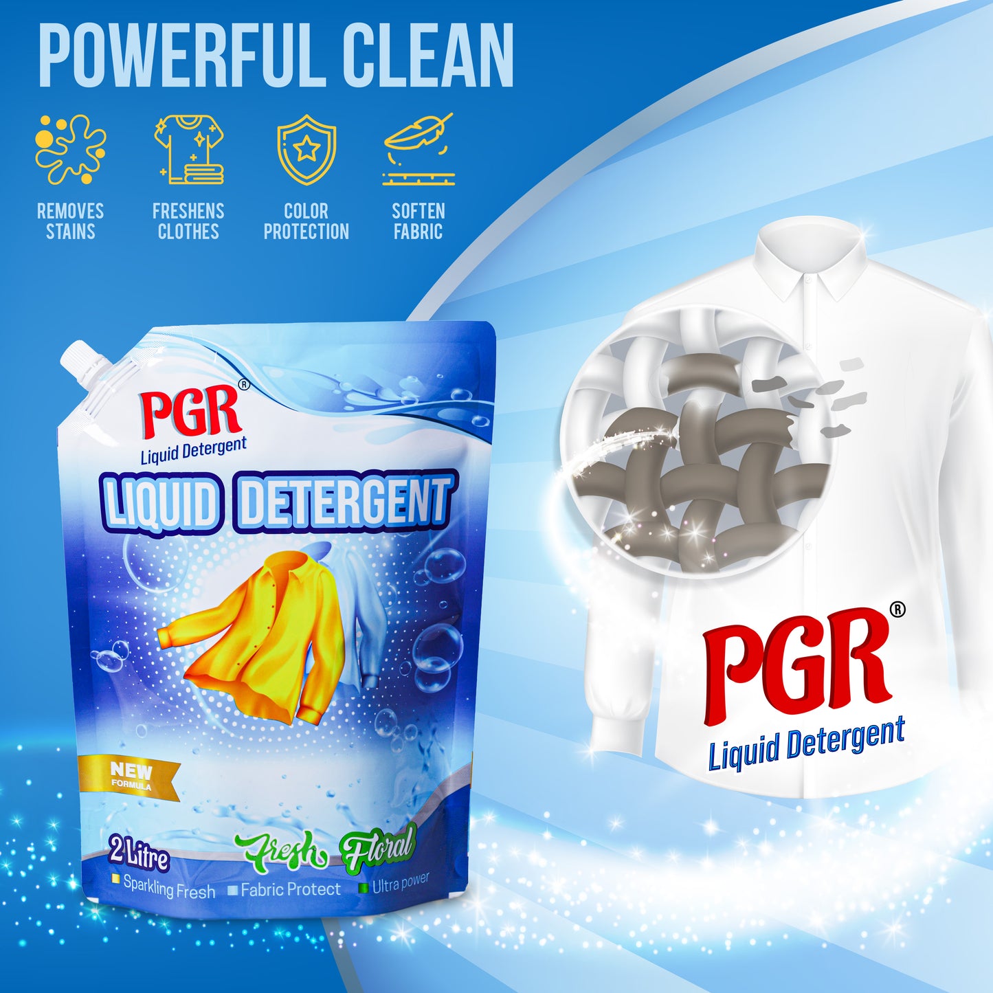 PGR Liquid Detergent 2 L - Washing Machine Compatible (Top load/Front load) and manual washing - Fresh Floral Fragnance