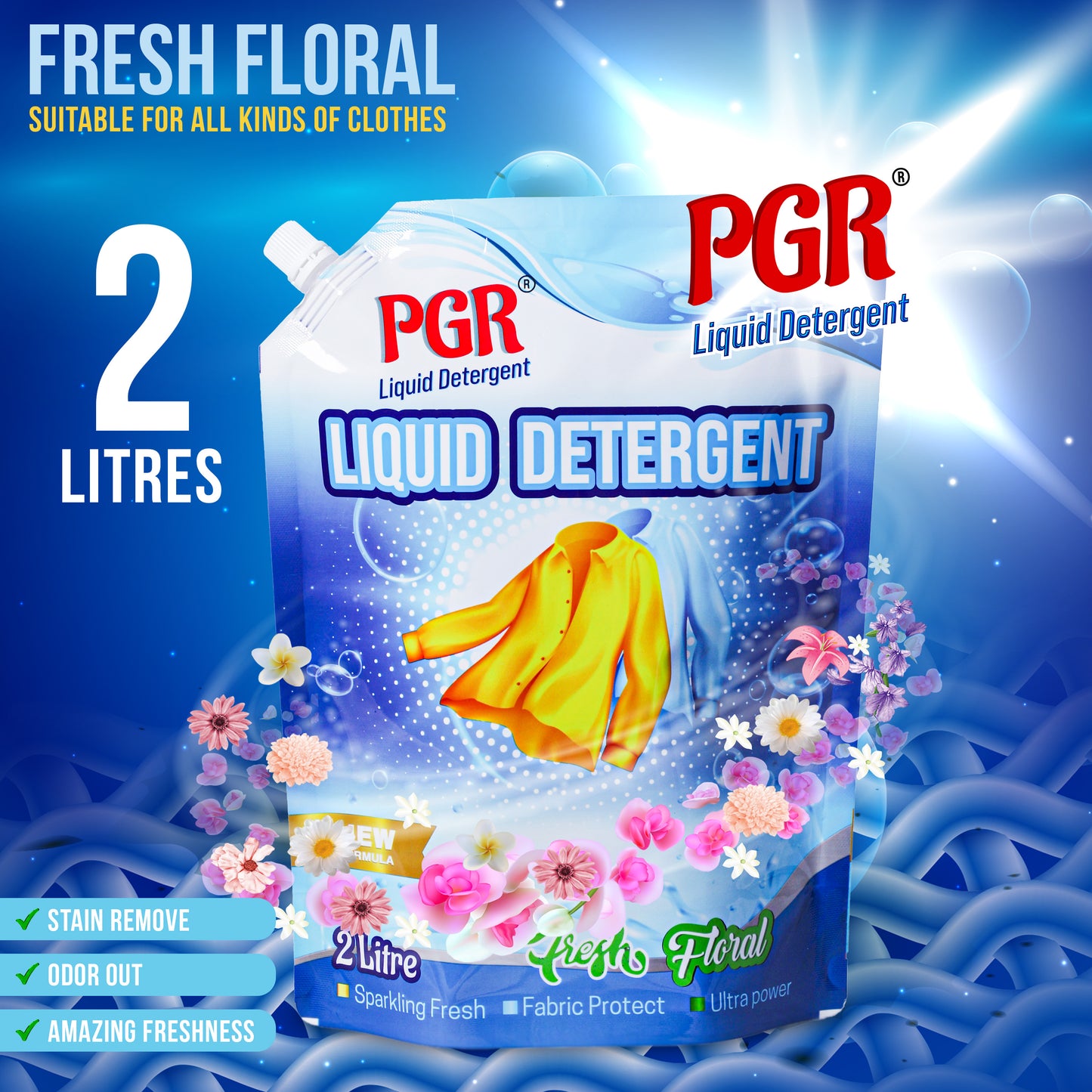PGR Liquid Detergent 2 L - Washing Machine Compatible (Top load/Front load) and manual washing - Fresh Floral Fragnance