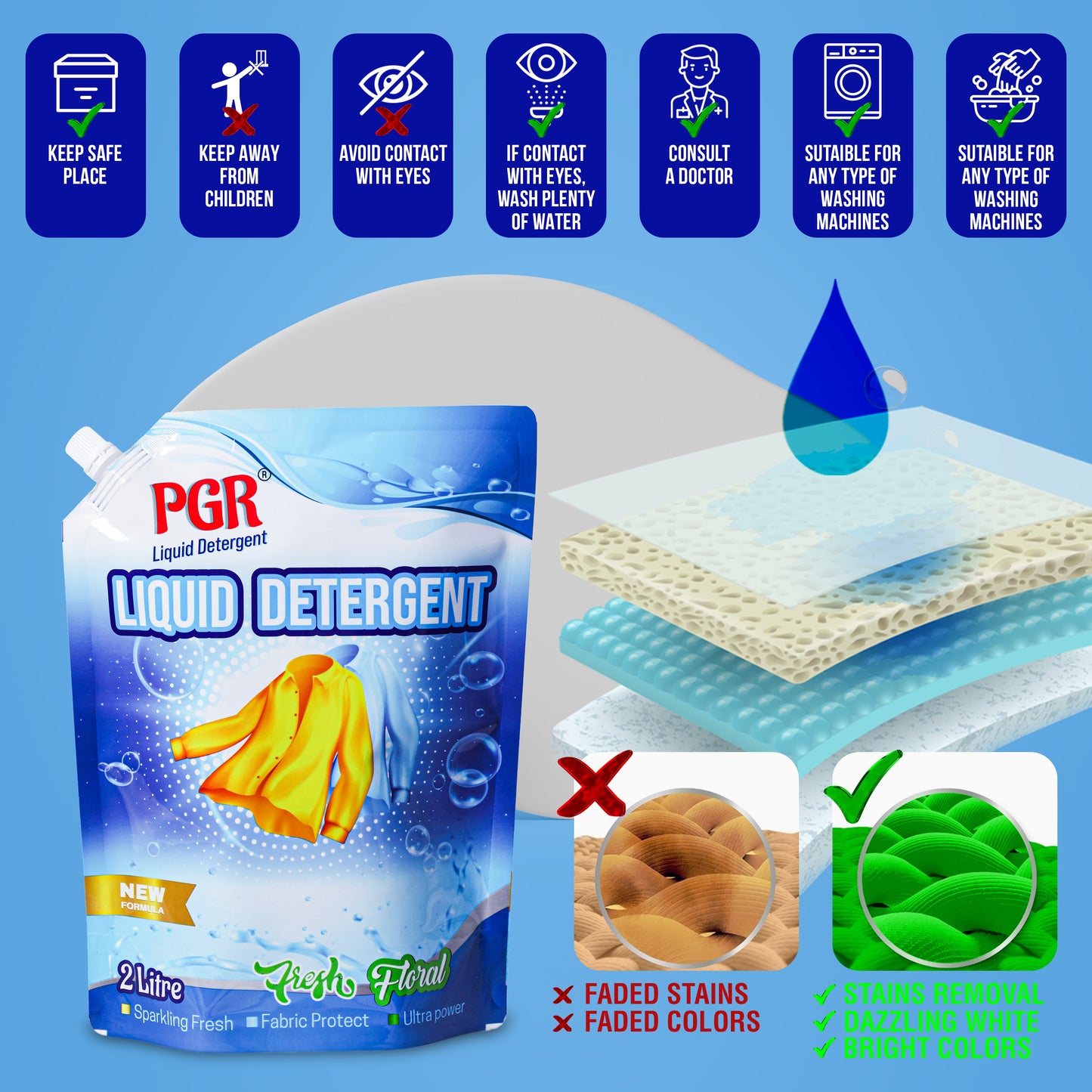 PGR Liquid Detergent 2 L - Washing Machine Compatible (Top load/Front load) and manual washing - Fresh Floral Fragnance