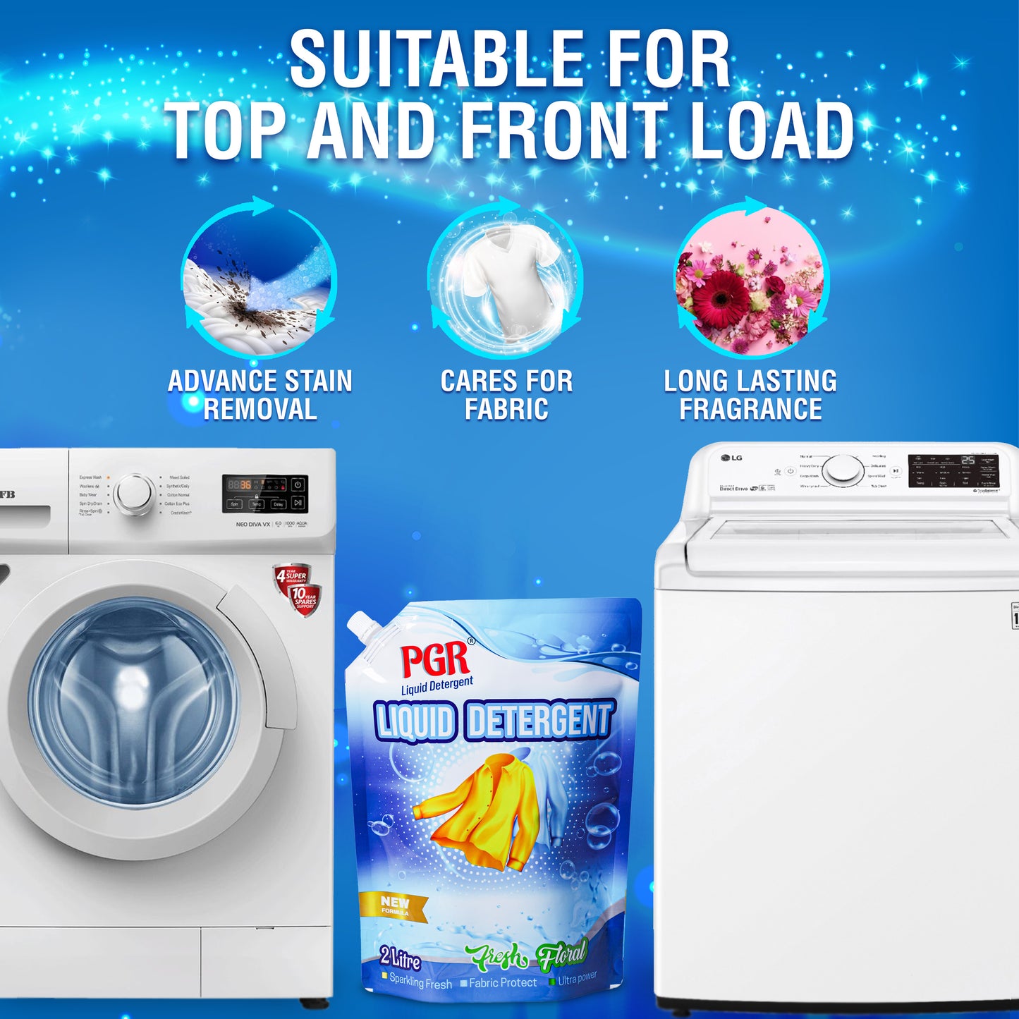 PGR Liquid Detergent 2 L - Washing Machine Compatible (Top load/Front load) and manual washing - Fresh Floral Fragnance