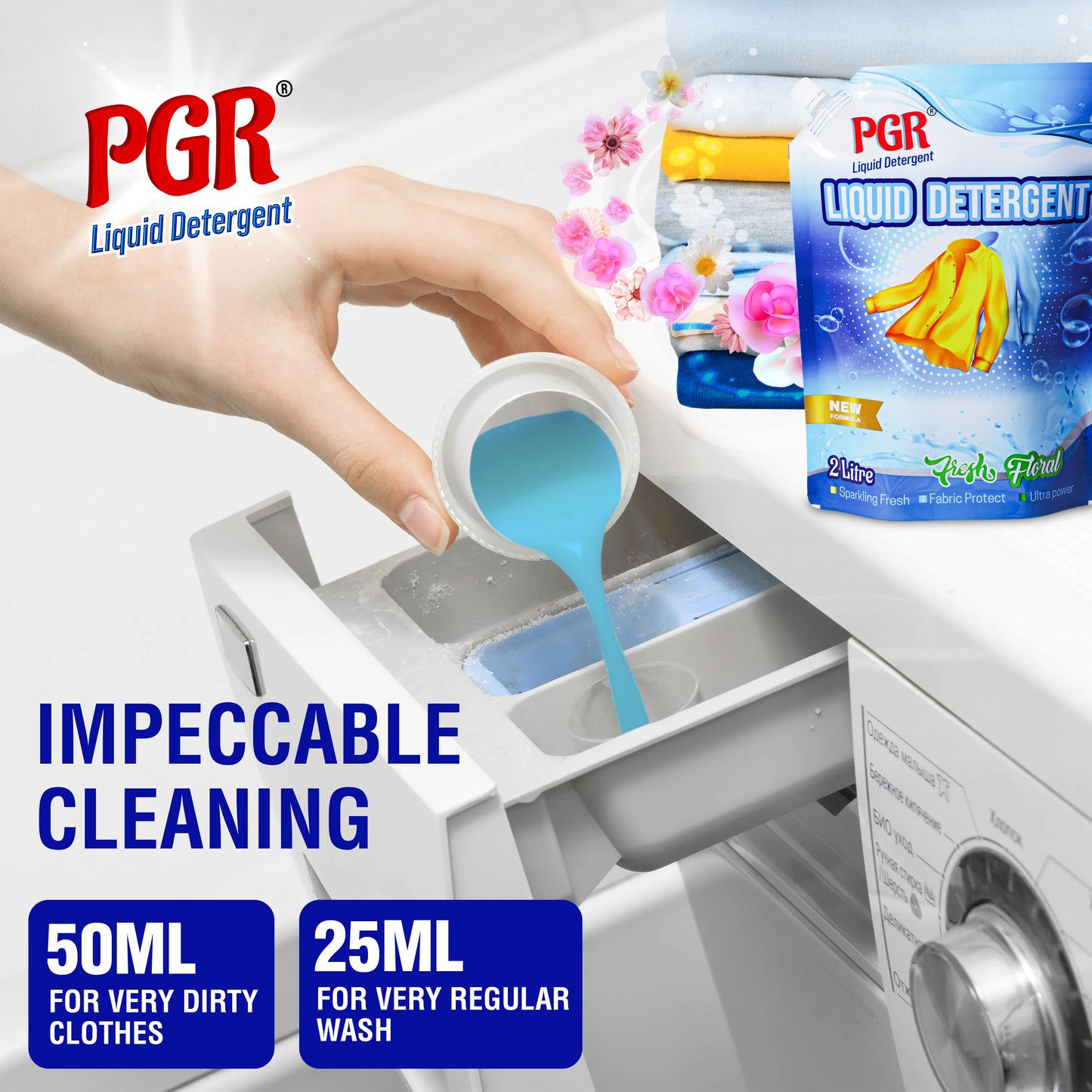 PGR Liquid Detergent 2 L - Washing Machine Compatible (Top load/Front load) and manual washing - Fresh Floral Fragnance