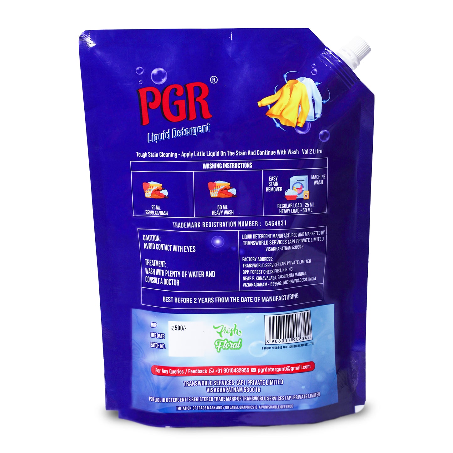 PGR Liquid Detergent 2 L - Washing Machine Compatible (Top load/Front load) and manual washing - Fresh Floral Fragnance