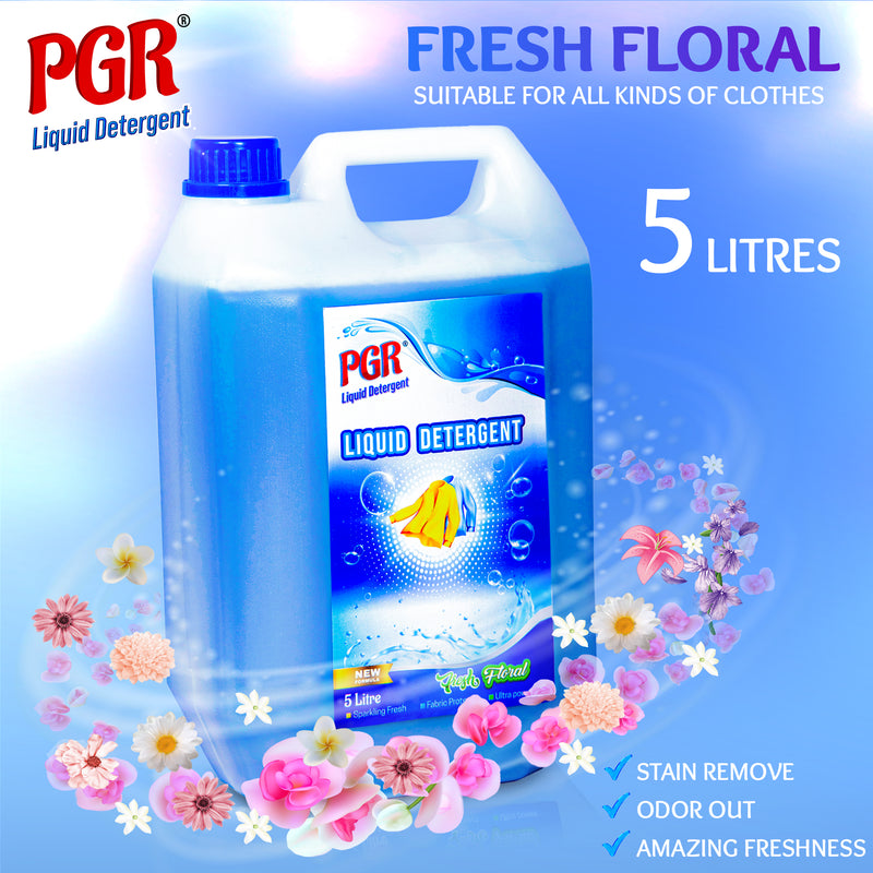 PGR Liquid Detergent 5 L - Washing Machine Compatible (Top load/Front load) and manual washing - Fresh Floral Fragnance (Blue) - PGR  Liquid Detergent